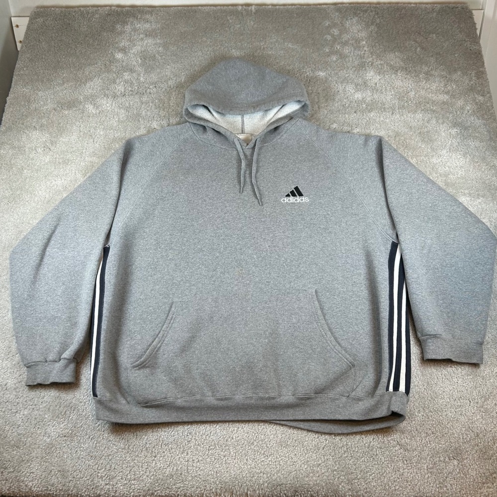 Vintage 90s Adidas Hoodie Mens Large Gray 3 Stripe Pullover Raglan Made in USA